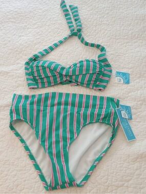 Draper James Green & Pink Striped Halter Bikini Set